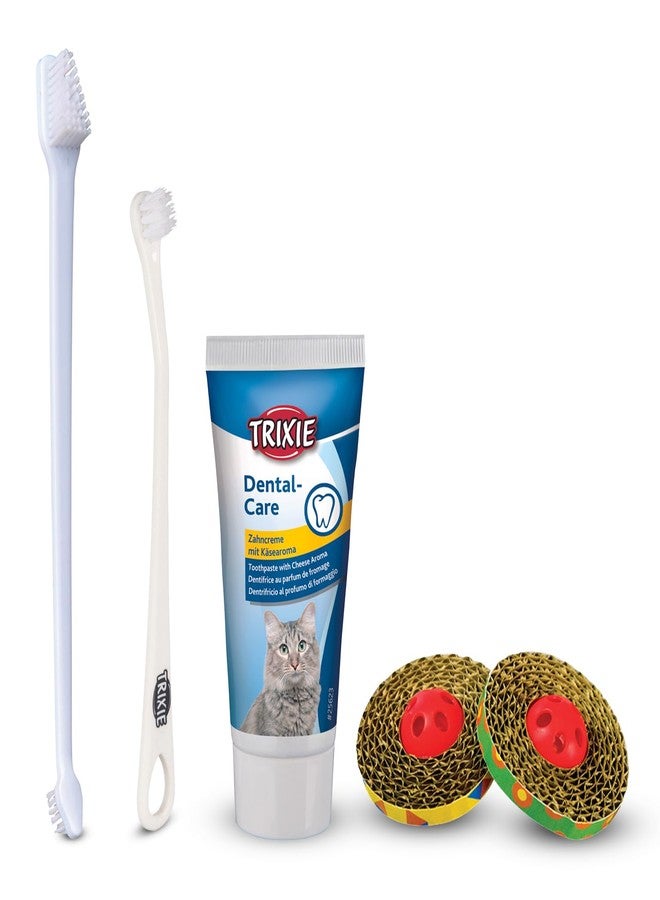 Trixie Mega Combo Pack- Cats Dental Hygiene Set - Cat Toothpaste with Cheese Flavour (50 g), 2 toothbrushes with 3 Different Heads with 701 Spin and Scratch Cat Catnip Toss and Bat Toy - Image 1